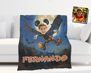 Personalized Face & Name Cartoon Mouse Moonlit Bat Flight Halloween Boy Photo Blanket-Blankets-Amor Custom Gifts