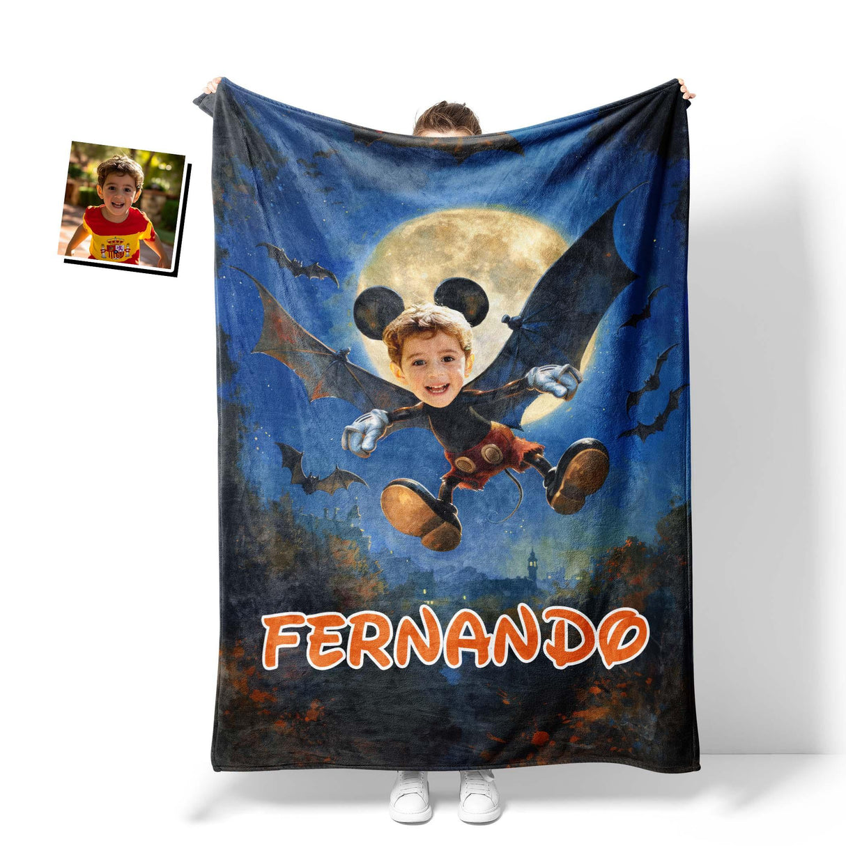 Personalized Face & Name Cartoon Mouse Moonlit Bat Flight Halloween Boy Photo Blanket-Blankets-Amor Custom Gifts