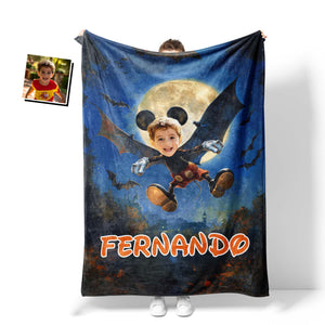 Personalized Face & Name Cartoon Mouse Moonlit Bat Flight Halloween Boy Photo Blanket-Blankets-Amor Custom Gifts