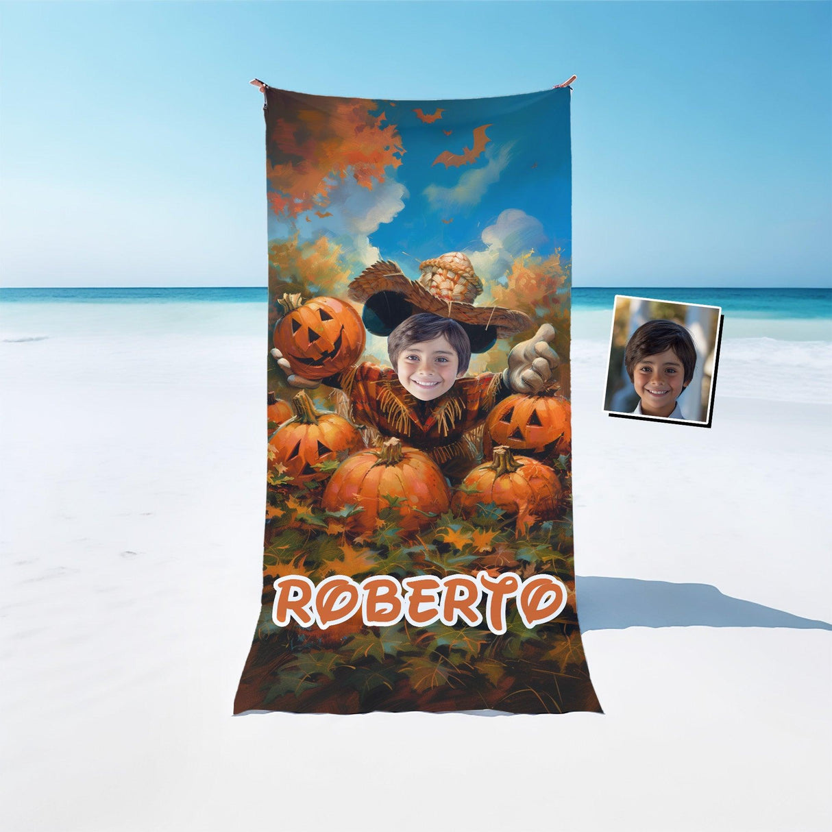 Personalized Face & Name Cartoon Mouse Pumpkin Patch Adventure Boy Photo Beach Towel - Amor Custom Gifts