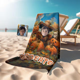 Personalized Face & Name Cartoon Mouse Pumpkin Patch Adventure Boy Photo Beach Towel - Amor Custom Gifts