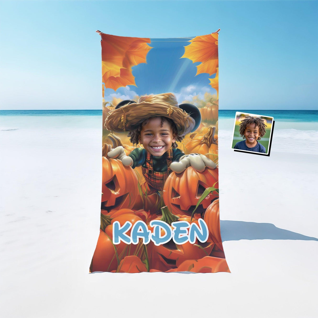 Personalized Face & Name Cartoon Mouse Pumpkin Patch Adventure Boy Photo Beach Towel - Amor Custom Gifts