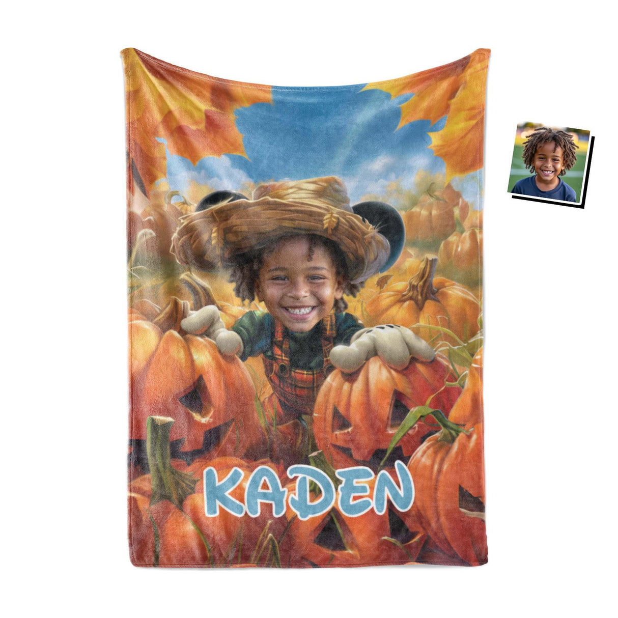 Personalized Face & Name Cartoon Mouse Pumpkin Patch Adventure Boy Photo Blanket-Blankets-Amor Custom Gifts