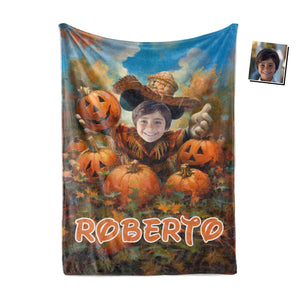 Personalized Face & Name Cartoon Mouse Pumpkin Patch Adventure Boy Photo Blanket-Blankets-Amor Custom Gifts