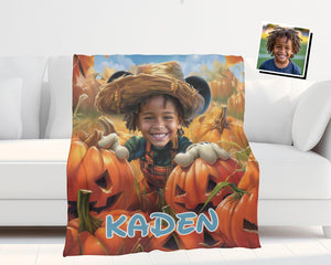 Personalized Face & Name Cartoon Mouse Pumpkin Patch Adventure Boy Photo Blanket-Blankets-Amor Custom Gifts