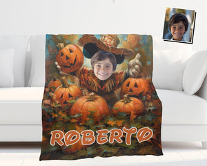 Personalized Face & Name Cartoon Mouse Pumpkin Patch Adventure Boy Photo Blanket-Blankets-Amor Custom Gifts