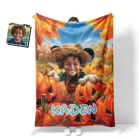 Personalized Face & Name Cartoon Mouse Pumpkin Patch Adventure Boy Photo Blanket-Blankets-Amor Custom Gifts