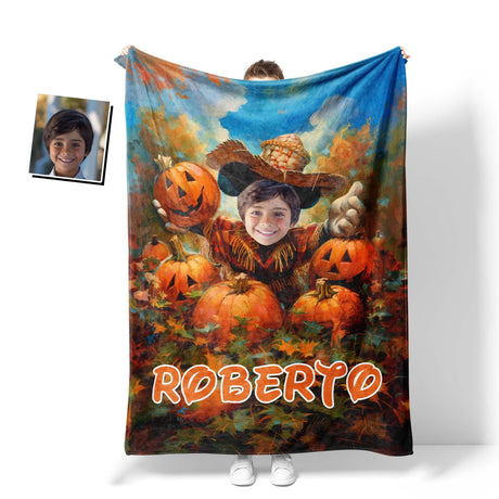 Personalized Face & Name Cartoon Mouse Pumpkin Patch Adventure Boy Photo Blanket-Blankets-Amor Custom Gifts