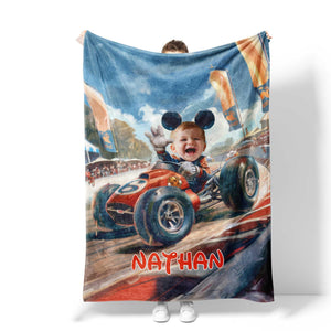 Personalized Face & Name Cartoon Mouse Racing Boy Photo Blanket-Blankets-Amor Custom Gifts