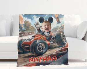 Personalized Face & Name Cartoon Mouse Racing Boy Photo Blanket-Blankets-Amor Custom Gifts