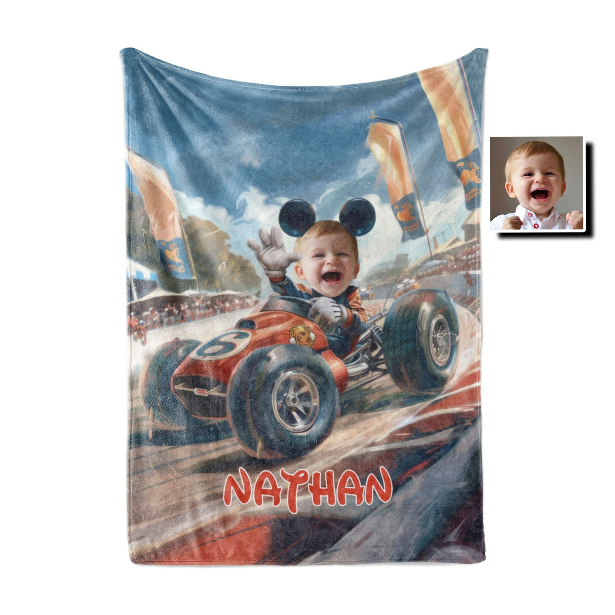 Personalized Face & Name Cartoon Mouse Racing Boy Photo Blanket-Blankets-Amor Custom Gifts