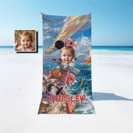 Personalized Face & Name Cartoon Mouse Sailing Day Girl Photo Beach Towel - Amor Custom Gifts