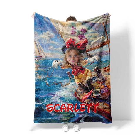 Personalized Face & Name Cartoon Mouse Sailing Day Girl Photo Blanket-Blankets-Amor Custom Gifts