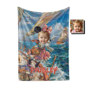 Personalized Face & Name Cartoon Mouse Sailing Day Girl Photo Blanket-Blankets-Amor Custom Gifts