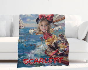 Personalized Face & Name Cartoon Mouse Sailing Day Girl Photo Blanket-Blankets-Amor Custom Gifts