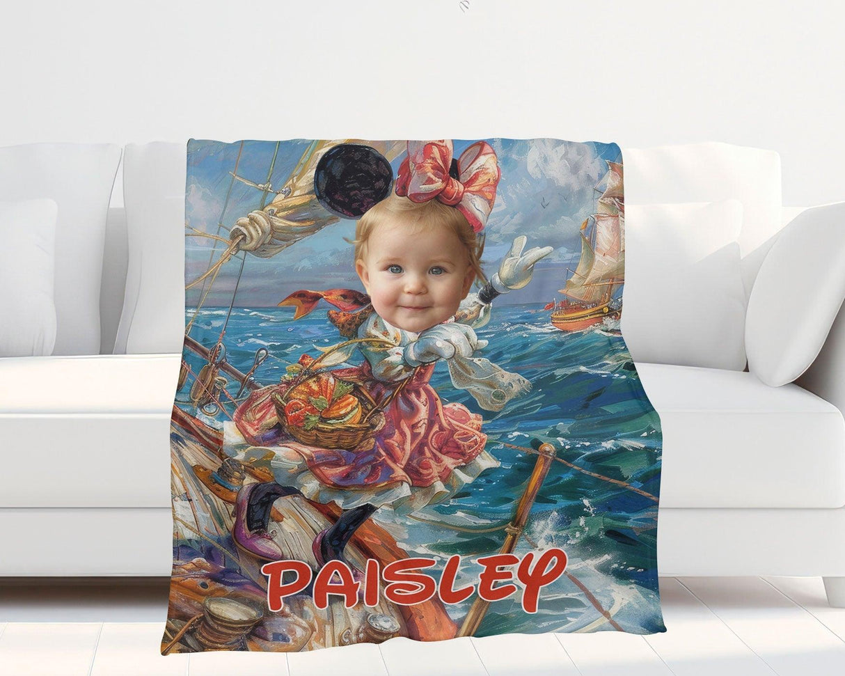 Personalized Face & Name Cartoon Mouse Sailing Day Girl Photo Blanket-Blankets-Amor Custom Gifts