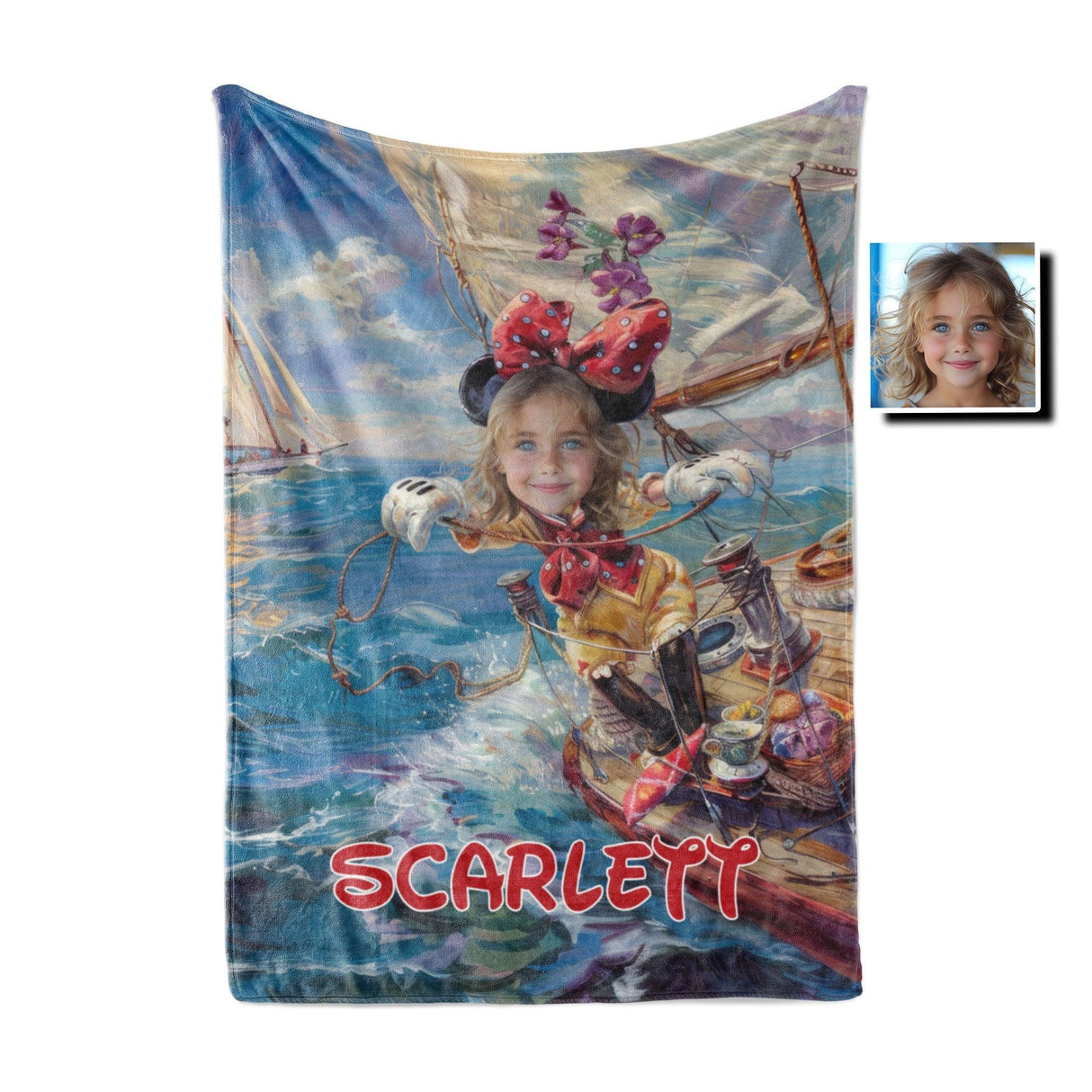 Personalized Face & Name Cartoon Mouse Sailing Day Girl Photo Blanket-Blankets-Amor Custom Gifts