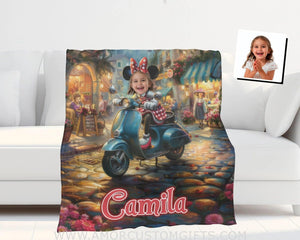 Personalized Face & Name Cartoon Mouse Scooter Tour Girl Blanket Blankets