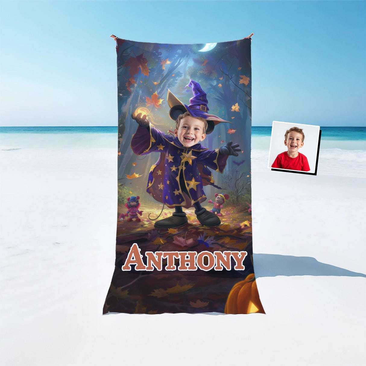 Personalized Face & Name Cartoon Mouse Witchy Woodland Halloween Boy Photo Beach Towel - Amor Custom Gifts