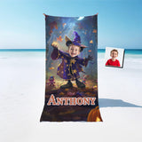 Personalized Face & Name Cartoon Mouse Witchy Woodland Halloween Boy Photo Beach Towel - Amor Custom Gifts