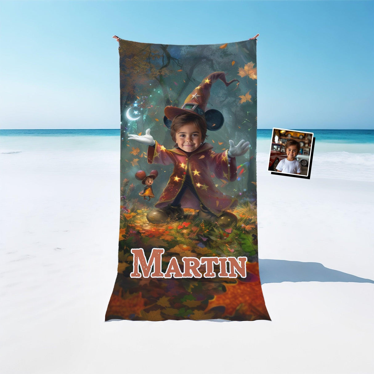 Personalized Face & Name Cartoon Mouse Witchy Woodland Halloween Boy Photo Beach Towel - Amor Custom Gifts