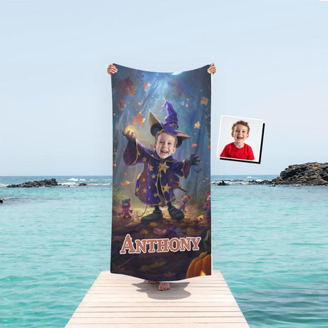 Personalized Face & Name Cartoon Mouse Witchy Woodland Halloween Boy Photo Beach Towel - Amor Custom Gifts