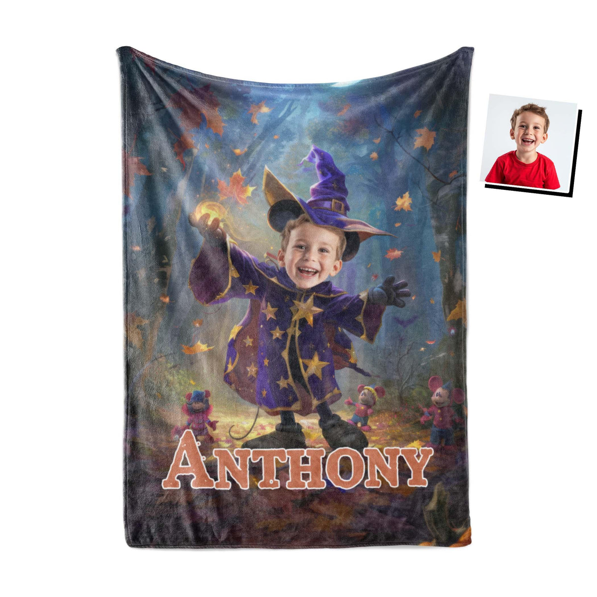 Personalized Face & Name Cartoon Mouse Witchy Woodland Halloween Boy Photo Blanket-Blankets-Amor Custom Gifts