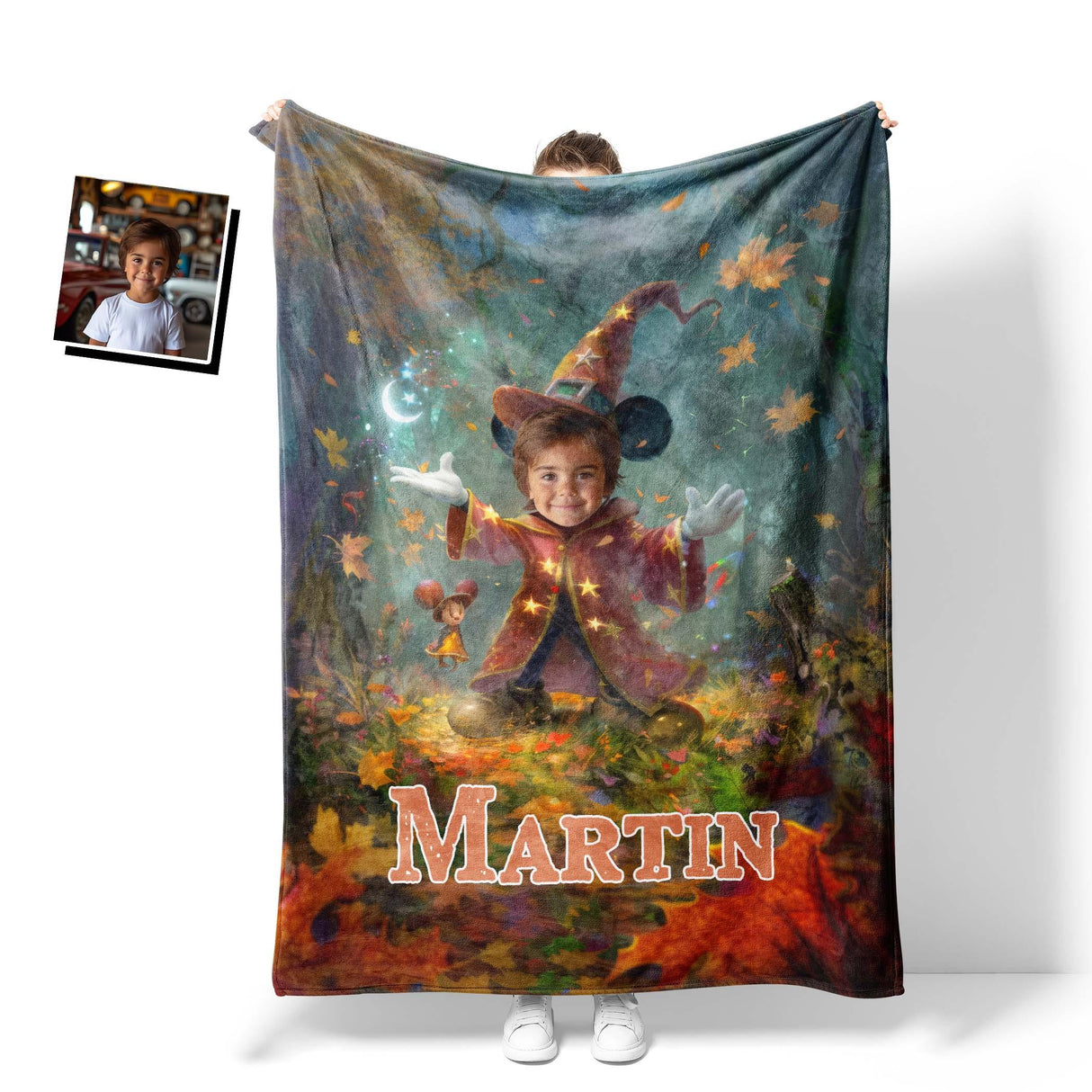 Personalized Face & Name Cartoon Mouse Witchy Woodland Halloween Boy Photo Blanket-Blankets-Amor Custom Gifts