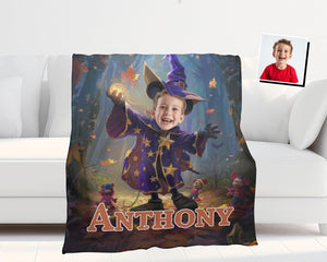 Personalized Face & Name Cartoon Mouse Witchy Woodland Halloween Boy Photo Blanket-Blankets-Amor Custom Gifts