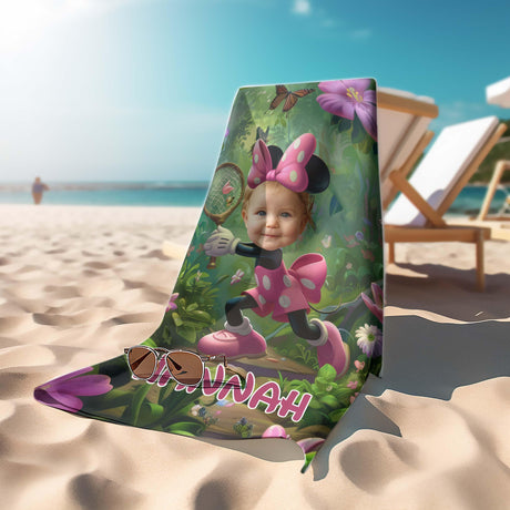 Personalized Face & Name Cartoon Mouse's Butterfly Garden Girl Photo Beach Towel - Amor Custom Gifts