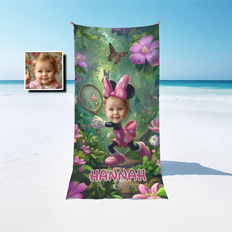 Personalized Face & Name Cartoon Mouse's Butterfly Garden Girl Photo Beach Towel - Amor Custom Gifts