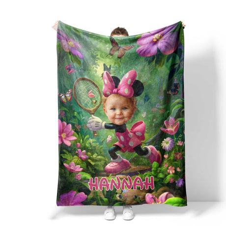 Personalized Face & Name Cartoon Mouse's Butterfly Garden Girl Photo Blanket-Blankets-Amor Custom Gifts