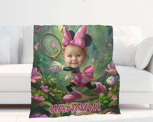 Personalized Face & Name Cartoon Mouse's Butterfly Garden Girl Photo Blanket-Blankets-Amor Custom Gifts