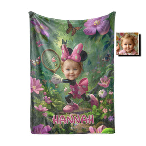 Personalized Face & Name Cartoon Mouse's Butterfly Garden Girl Photo Blanket-Blankets-Amor Custom Gifts