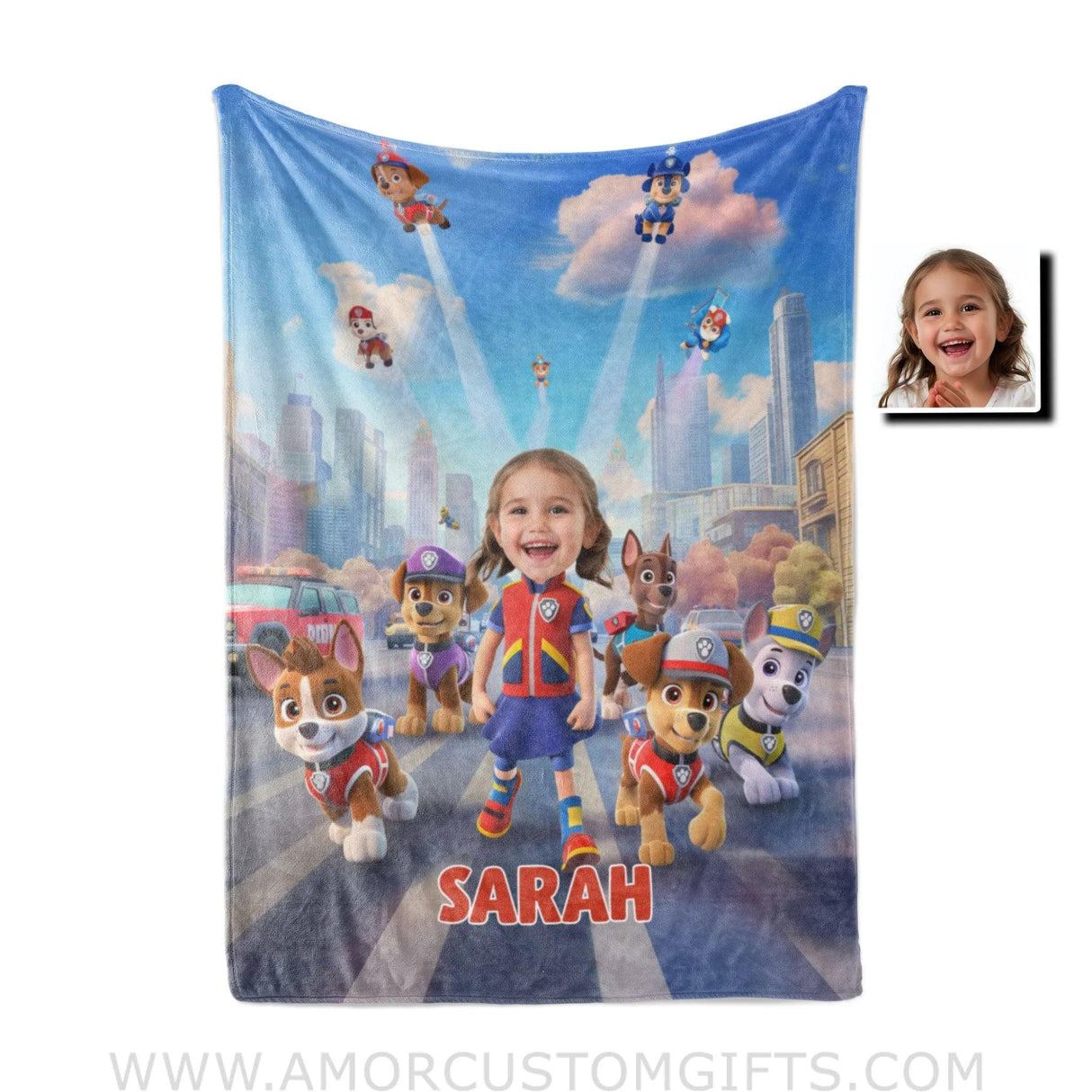 Personalized Face & Name Dog Patrol Girl Puppies Adventure Photo Blanket Blankets