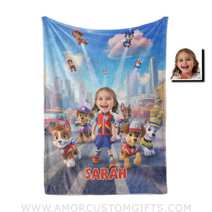 Personalized Face & Name Dog Patrol Girl Puppies Adventure Photo Blanket Blankets