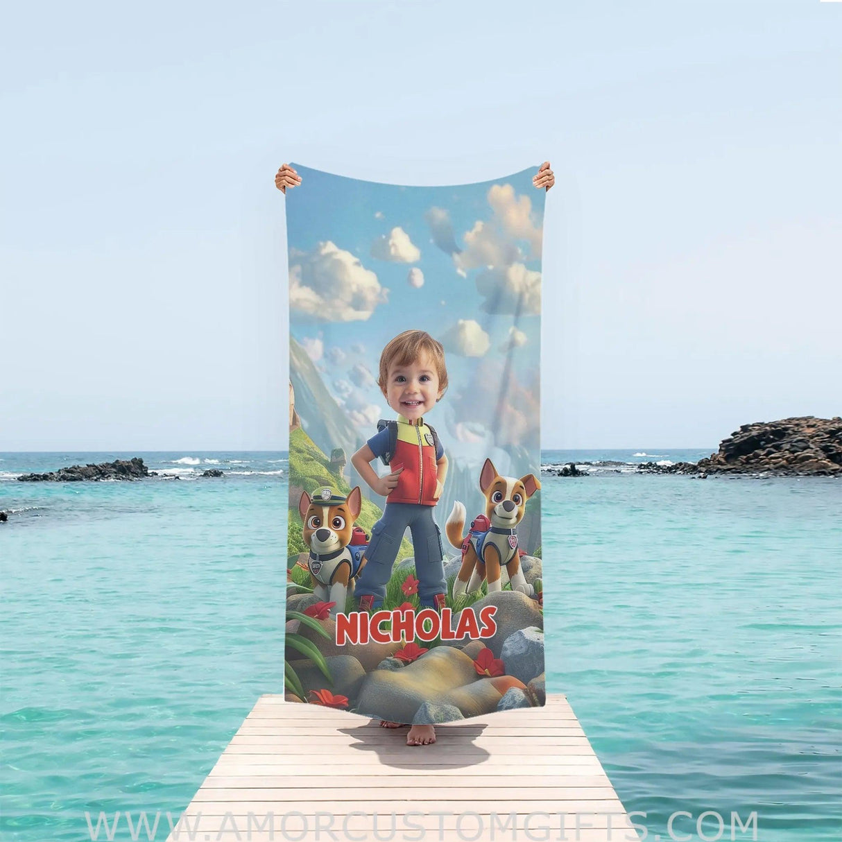 Personalized Face & Name Dog Patrol Safari Boy Photo Beach Towel Towels