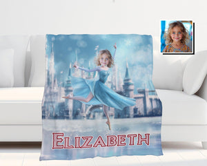 Personalized Face & Name Elsa Princess Dancing Castle Blanket-Blankets-Amor Custom Gifts