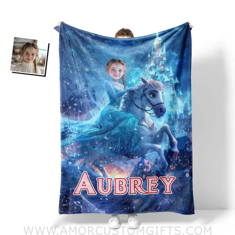 Personalized Face & Name Elsa Princess Riding Horse Girl Blanket Blankets