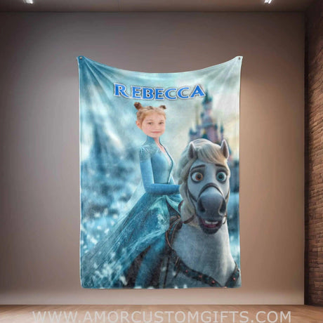 Personalized Face & Name Elsa Riding Horse Girl Blanket Blankets