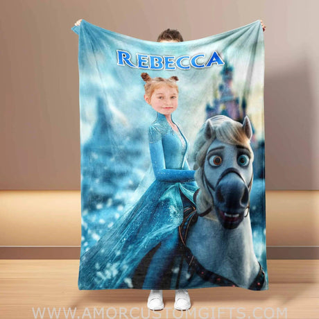 Personalized Face & Name Elsa Riding Horse Girl Blanket Blankets