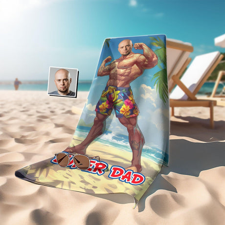 Personalized Face & Name Father's Day Funny Bodybuilder Superdad Beach Towel - Amor Custom Gifts