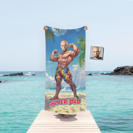 Personalized Face & Name Father's Day Funny Bodybuilder Superdad Beach Towel - Amor Custom Gifts