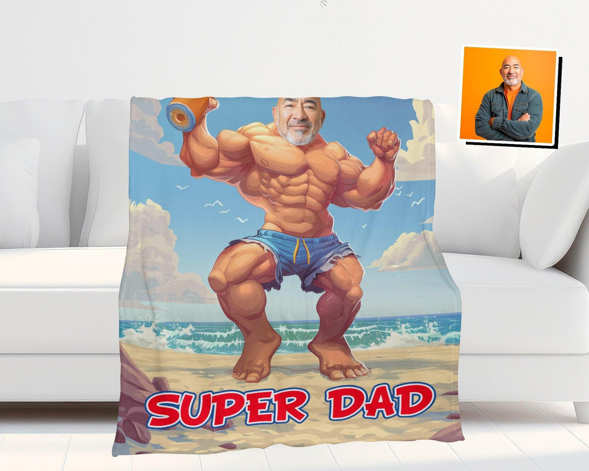 Personalized Face & Name Father's Day Funny Bodybuilder Superdad Blanket-Blankets-Amor Custom Gifts