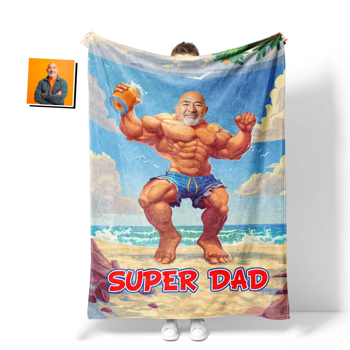 Personalized Face & Name Father's Day Funny Bodybuilder Superdad Blanket-Blankets-Amor Custom Gifts