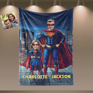 Personalized Face & Name Father's Day Super Dad Super Daughter Photo Blanket-Blankets-Amor Custom Gifts