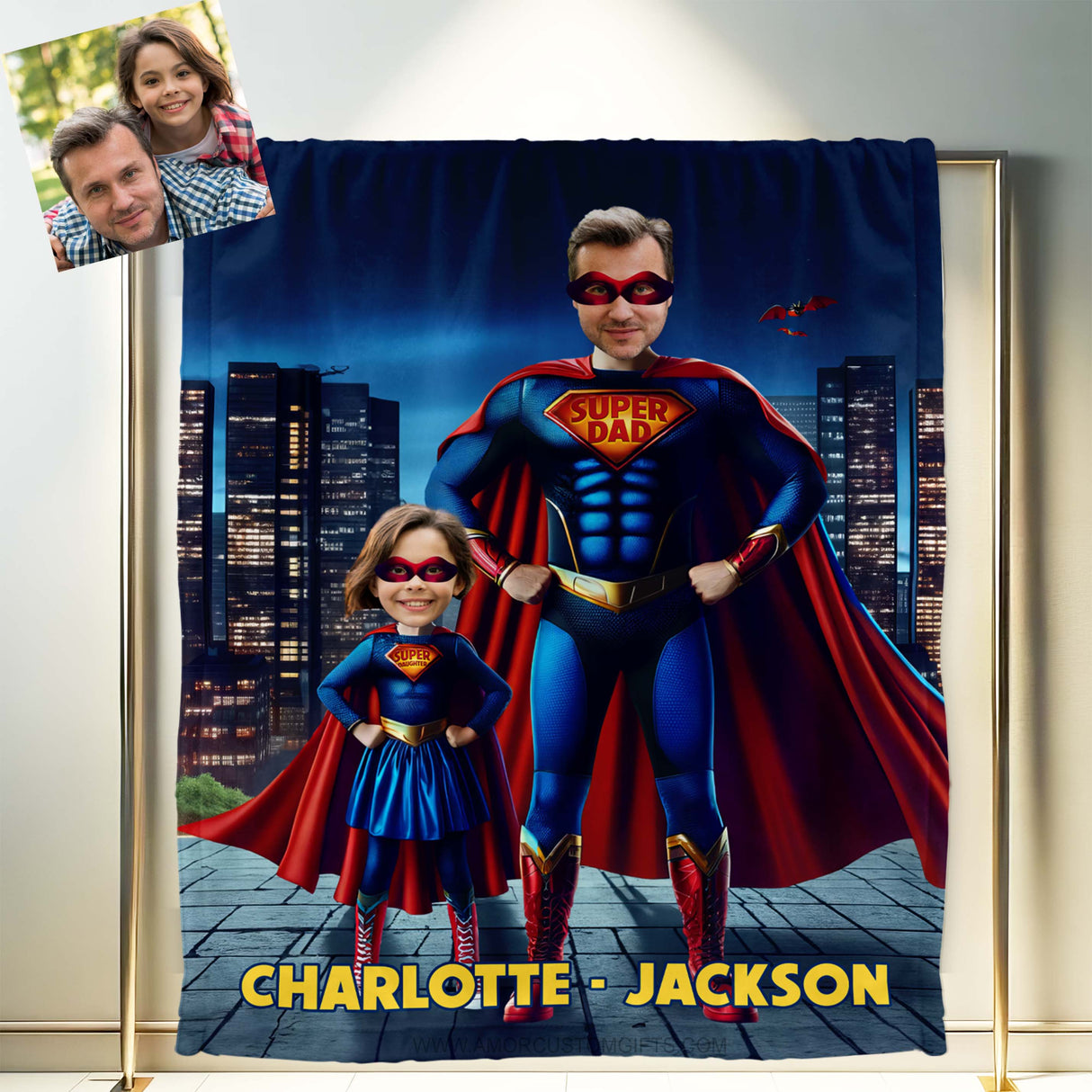 Personalized Face & Name Father's Day Super Dad Super Daughter Photo Blanket-Blankets-Amor Custom Gifts