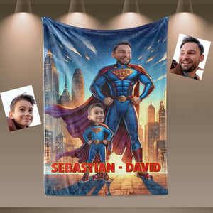 Personalized Face & Name Father's Day Super Dad Super Son Photo Blanket-Blankets-Amor Custom Gifts