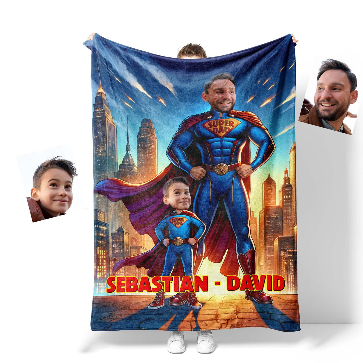 Personalized Face & Name Father's Day Super Dad Super Son Photo Blanket-Blankets-Amor Custom Gifts