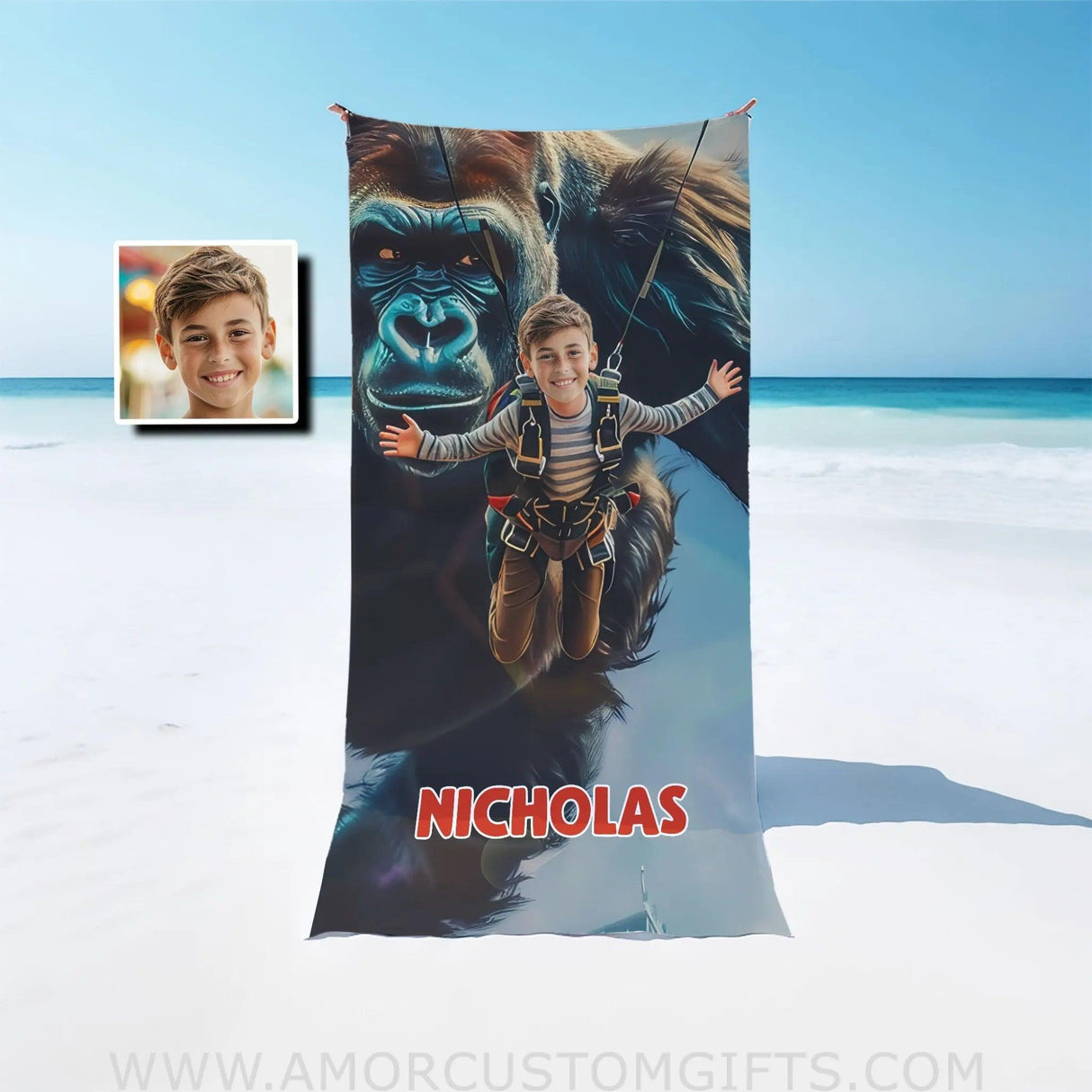 Personalized Face & Name Giant Monster Dracula Skydiving Boy Beach Towel Towels